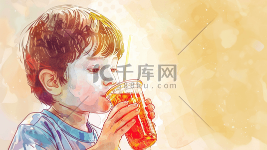 彩色渐变水彩插画图片_彩色手绘水彩男孩喝饮料的插画