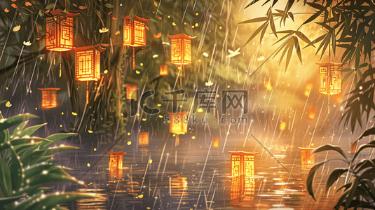 下雨的插画图片_彩色手绘雨季山水风景区下雨的插画