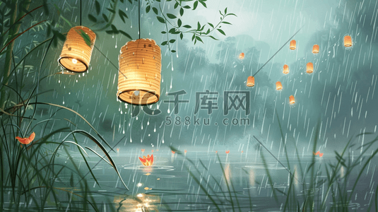 下雨的插画图片_彩色手绘雨季山水风景区下雨的插画