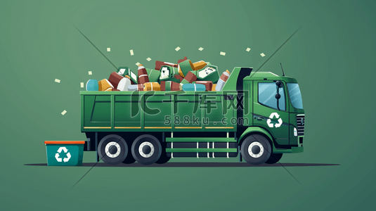 装满的漂流瓶插画图片_装满货物的绿色大卡车插画