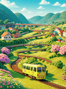 春天乘坐火车去春游插画海报