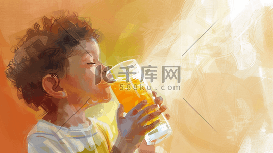 喝饮料插画图片_彩色手绘水彩男孩喝饮料的插画