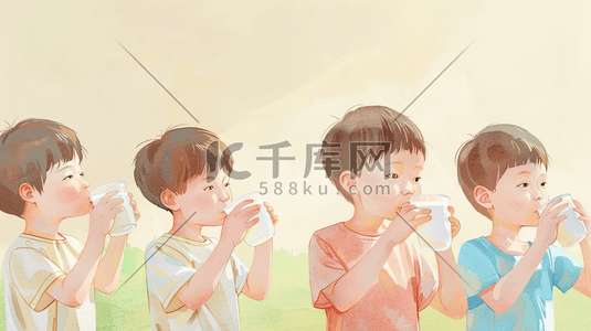 牛奶流汁插画图片_彩色手绘可爱儿童集体喝牛奶的插画