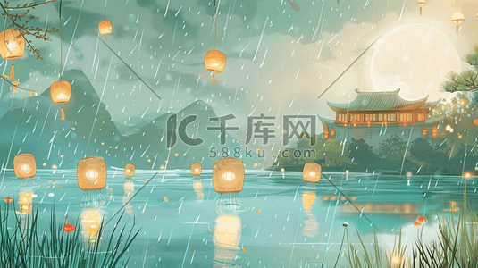 彩色手绘雨季山水风景区下雨的插画