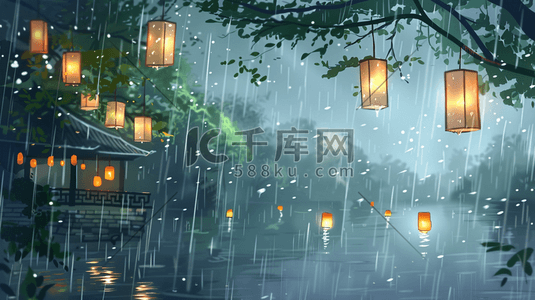 下雨的插画图片_彩色手绘雨季山水风景区下雨的插画