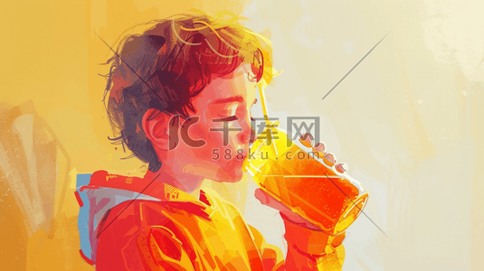 拿杯子插画图片_彩色手绘水彩男孩喝饮料的插画