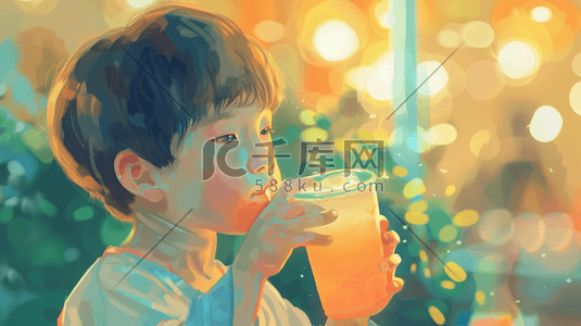 彩色手绘水彩男孩喝饮料的插画
