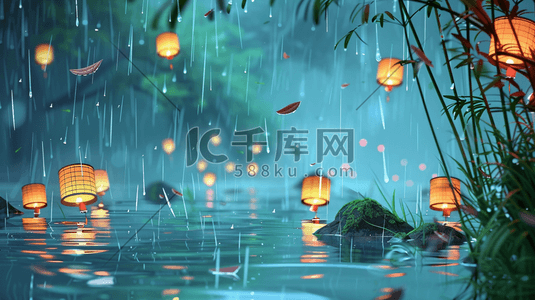 彩色手绘雨季山水风景区下雨的插画