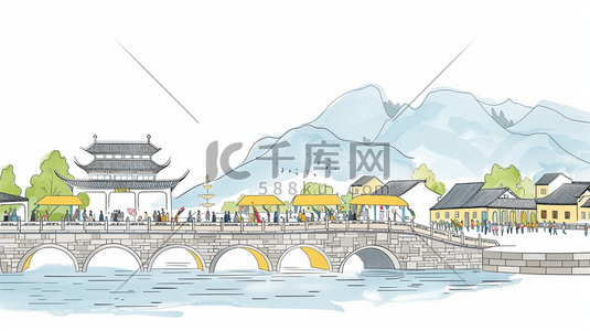 手绘中国风景插画图片_手绘中国风桥风景插画