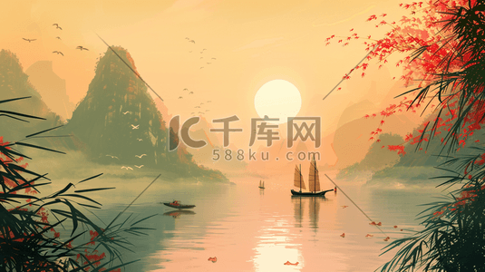 中国风江水中的帆船插画