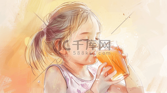 手写线条彩色插画图片_彩色绘画水彩女孩手拿饮料的插画