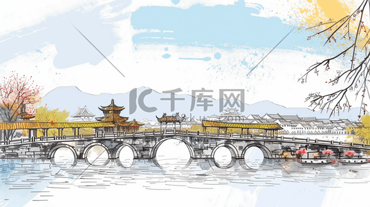 手绘中国风桥风景插画