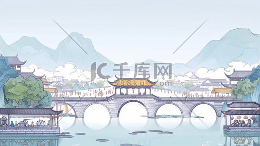 手绘中国风景插画图片_手绘中国风桥风景插画