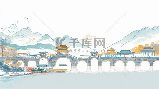手绘中国风桥风景插画