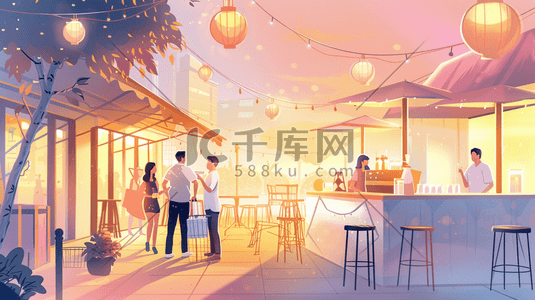 舞台灯光白光插画图片_彩色手绘夜市夜晚灯光闪耀的插画