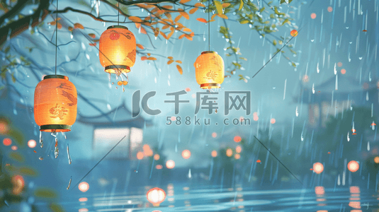 彩色手绘雨季山水风景区下雨的插画