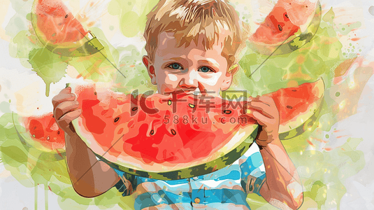 彩色渐变梦幻绘画男孩吃西瓜的插画