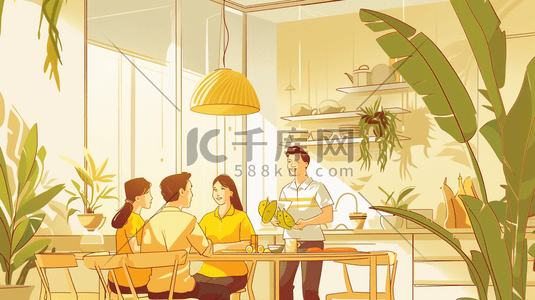 桌面用品插画图片_彩色手绘绘画厨房内用餐的插画