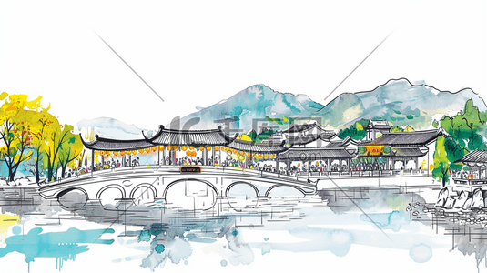 雨中桥上行人插画图片_手绘中国风桥风景插画