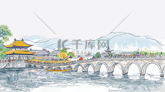 手绘中国风景插画图片_手绘中国风桥风景插画