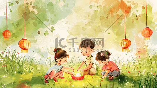 手绘彩色户外风景灯笼灯光儿童玩耍的插画