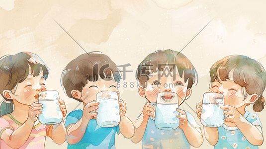 牛奶草莓插画图片_彩色手绘可爱儿童集体喝牛奶的插画