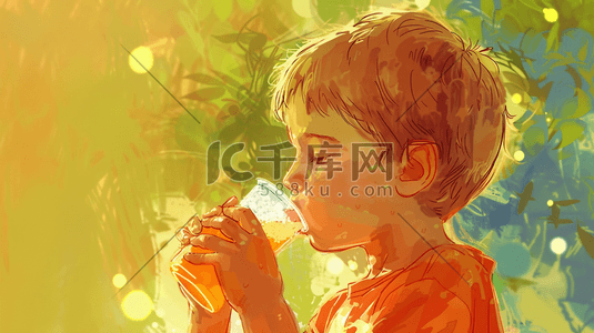 手绘喝饮料插画图片_彩色手绘水彩男孩喝饮料的插画