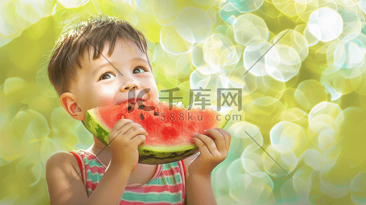 吃西瓜的插画图片_彩色渐变梦幻绘画男孩吃西瓜的插画