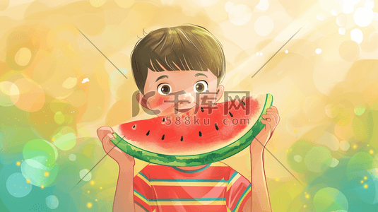 彩色渐变梦幻绘画男孩吃西瓜的插画