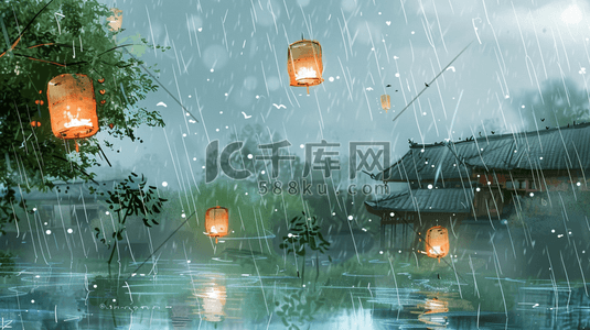 下雨的插画图片_彩色手绘雨季山水风景区下雨的插画