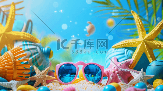 夏天沙滩蓝色插画图片_夏天泳池泳镜玩具球沙滩的插画6