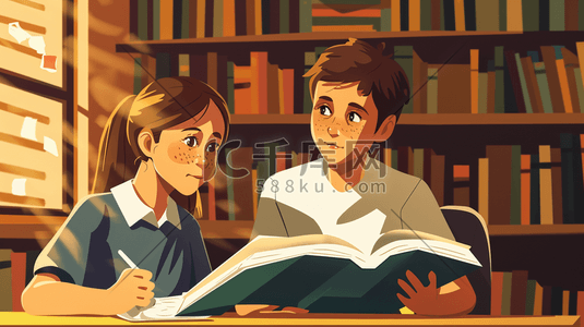 彩色手绘图书室男女孩看书的插画