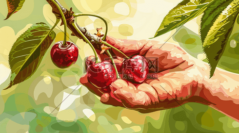 手绘绘画户外果园手摘樱桃的插画