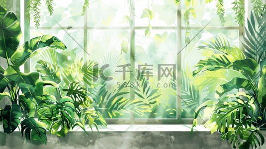 彩色手绘绿色植物女子站在窗边的插画