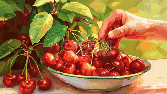 我用残损的手掌插画图片_手绘绘画户外果园手摘樱桃的插画