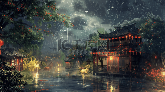 深色古建筑雨季下雨户外景色的插画6