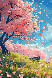 春天绿植盛开樱花3d海报原创插画