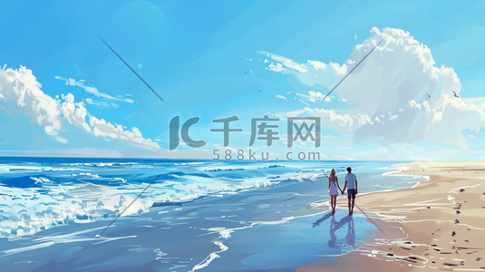 蓝天白云下大海沙滩上情侣散步的插画3