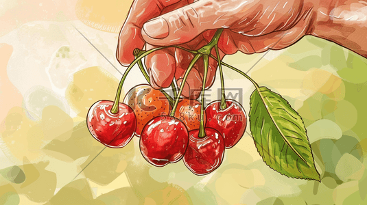 手掌插画图片_手绘绘画户外果园手摘樱桃的插画