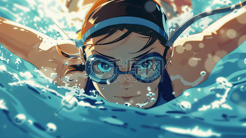 手绘绘画女子带泳镜游泳的插画8