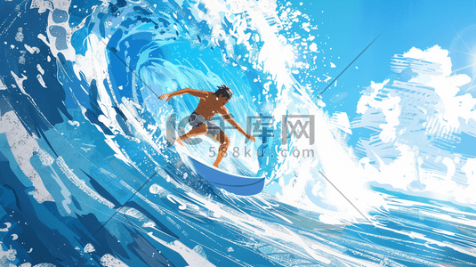 穿背心的男人插画图片_彩色海上男人冲浪滑板的插画21