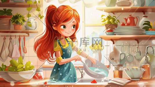 卡通装饰插画图片_彩色卡通女孩室内厨房做饭的插画