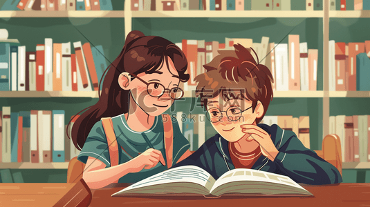 彩色手绘图书室男女孩看书的插画