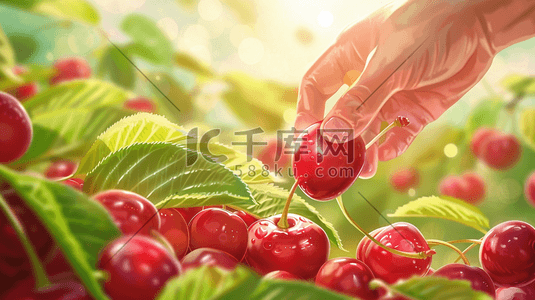 手掌的手势插画图片_手绘绘画户外果园手摘樱桃的插画