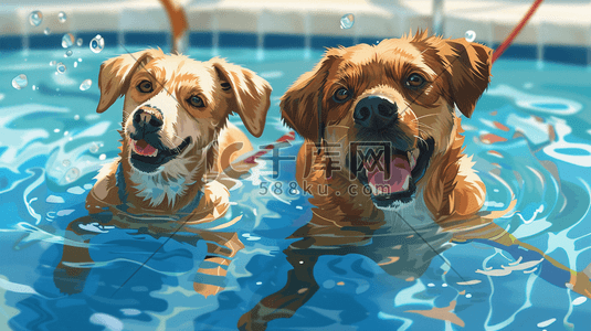 可爱狗狗插画图片_彩色油画泳池里狗狗游泳的插画