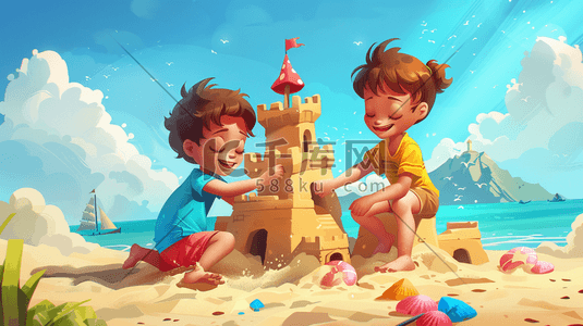 展台搭建插画图片_彩色户外卡通沙滩上儿童搭建城堡的插画11