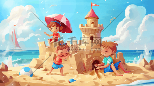 沙滩卡通沙滩插画图片_彩色户外卡通沙滩上儿童搭建城堡的插画2