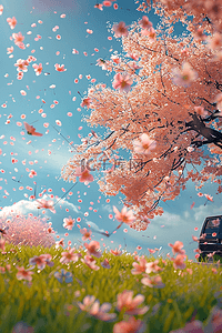春天盛开樱花3d绿植海报插画图片