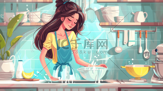 彩色卡通女孩室内厨房做饭的插画