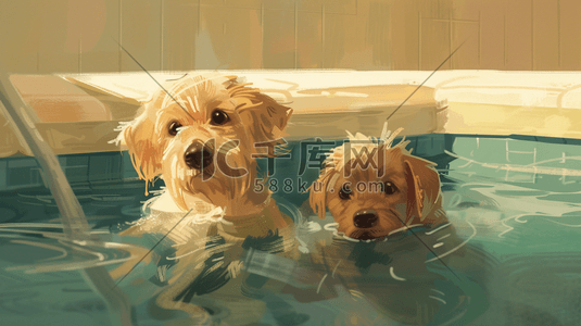 可爱狗狗插画图片_彩色油画泳池里狗狗游泳的插画